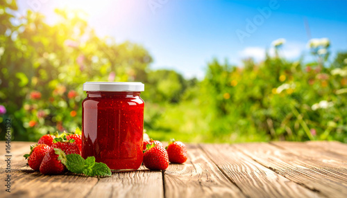 Strawberry Jam and Garden Serenity: A jar of vibrant strawberry jam sits alongside fresh strawberries, creating a delightful display of flavor and summer on a rustic wooden surface.