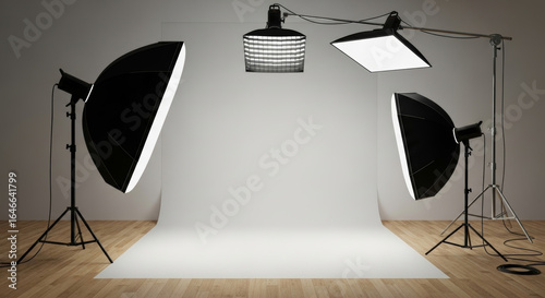 Professional Photography Studio with White Seamless Cyclorama Background and Modern Lighting Equipment Setup.