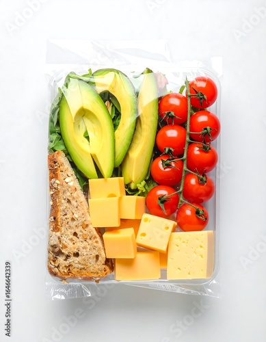 Packaged lunch with avocado, cheese, cherry tomatoes, and bread