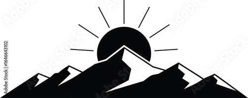 Minimalist illustration of mountains with the sun rising behind the peaks, creating a serene and scenic landscape view