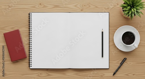 Top-down view of a workspace with an open sketchbook and coffee on a wooden desk, Creative workspace setup with notebook and stationery on a bright wooden surface