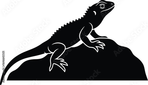 A lizard silhouette perched a rock, showcasing its scales and reptilian features in a simple yet striking design for nature enthusiasts