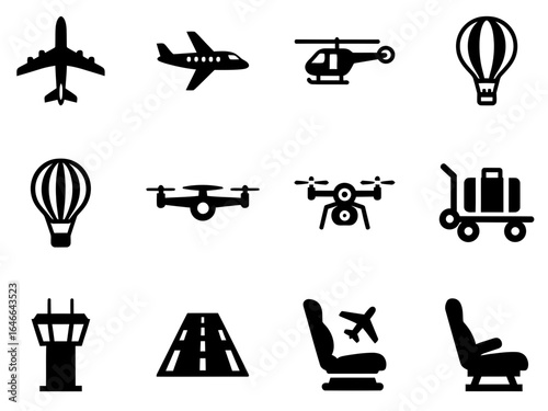 Collection of air travel and aviation icons including airplanes, helicopters, drones, luggage, and airport elements.