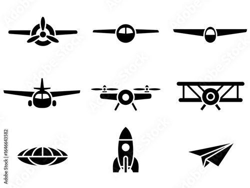 Collection of various aircraft and aerospace icons including airplanes, drones, rockets, and paper planes