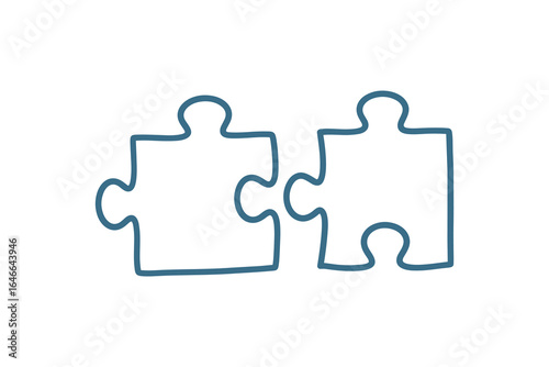 A simple outline design of two jigsaw puzzle pieces connected. Teamwork and connection concept. Isolated on white background.