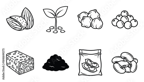 Assorted legumes and beans drawing. Isolated vector illustration featuring almonds, sprouts, chickpeas, soybeans, and more.