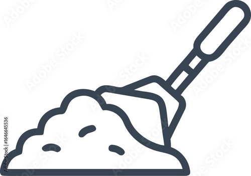 Dark blue line art icon of a trowel digging into a pile of dirt soil gardening
