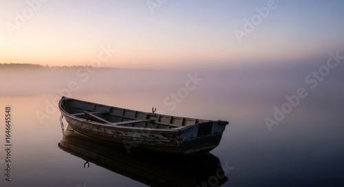Ethereal Morning Fog Enveloping a Lone Boat on a Still Lake
