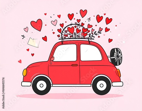 Red car adorned with hearts, carrying a gift; Valentine's Day theme