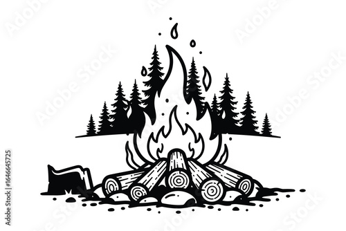 Burning bonfire with flames and silhouettes of trees. Campfire with firewood and fire vector illustration.