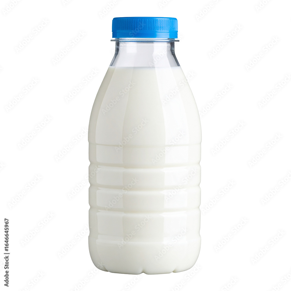 Fresh Dairy in Bottle Isolated On White Background: A close-up captures a transparent bottle, elegantly filled with fresh milk, the vibrant blue cap sealing in the wholesome goodness. Fresh Dairy in Bottle Isolated On White Background: A close-up captures a transparent bottle, elegantly filled with fresh milk, the vibrant blue cap sealing in the wholesome goodness.