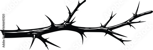 A black illustration of a thorny branch, showcasing the sharp and prickly nature of the plant in a minimalist design