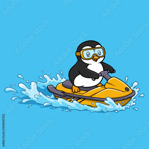 Cartoon penguin riding a yellow jet ski across blue water, wearing goggles and splashing joyfully.