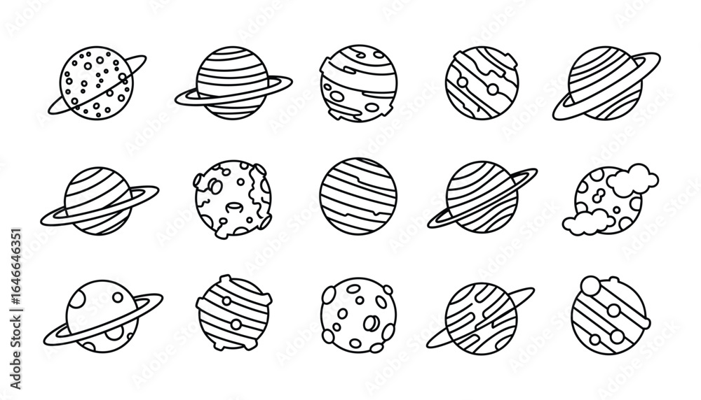 Fototapeta premium Collection of doodle space elements, cartoon planets with various shapes, isolated on white background. Vector Illustration.