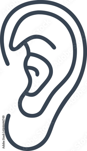 Minimalist dark blue line drawing of a human ear on a white background anatomy body part