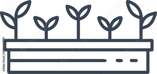 Minimalist dark blue line drawing of seedlings growing in a planter box growth sprout