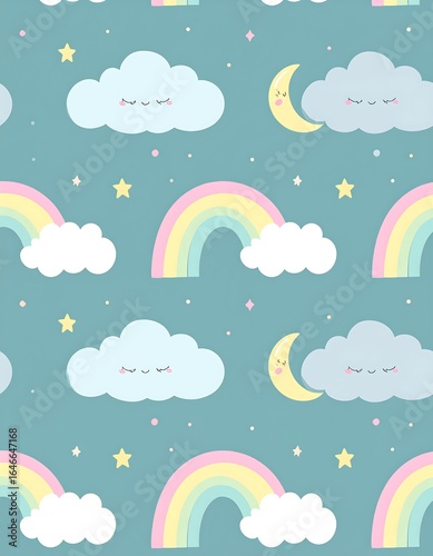 Pastel rainbows, crescent moons, and smiling clouds on a teal night sky background