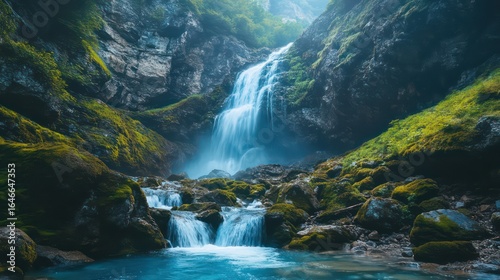 Majestic Waterfall Cascading Down Rocky Cliffs into a Serene, Blue Pool