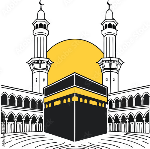 Illustration of the Kaaba in Mecca with Golden Accents, Courtyard Arches, and Sunrise Background for Islamic Worship, Pilgrimage, and Spiritual Concepts