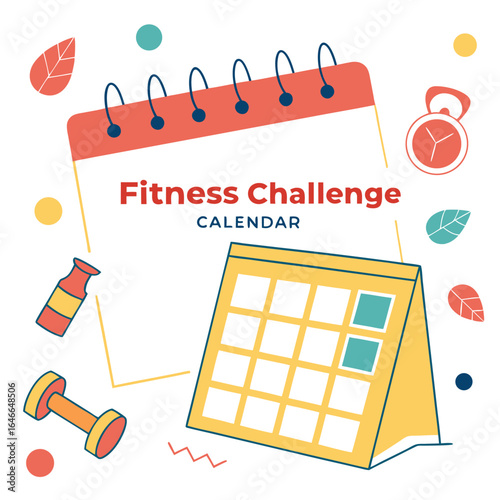 Fitness challenge calendar with workout equipment and decorative elements promoting healthy lifestyle and goal setting