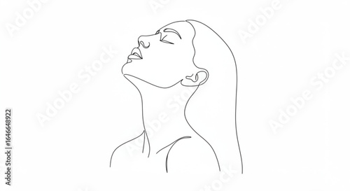 Elegant single line art captures a woman's serene profile with closed eyes and uplifted chin, exuding grace.