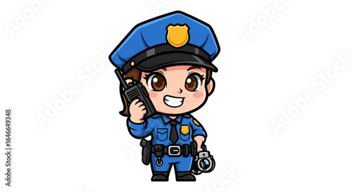 Cute Female Police Officer Vector Illustration with Walkie Talkie and Handcuffs