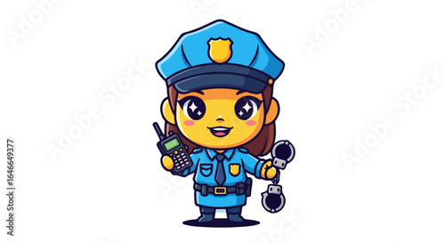Cute Cartoon Female Police Officer Vector Illustration Holding Handcuffs and Radio