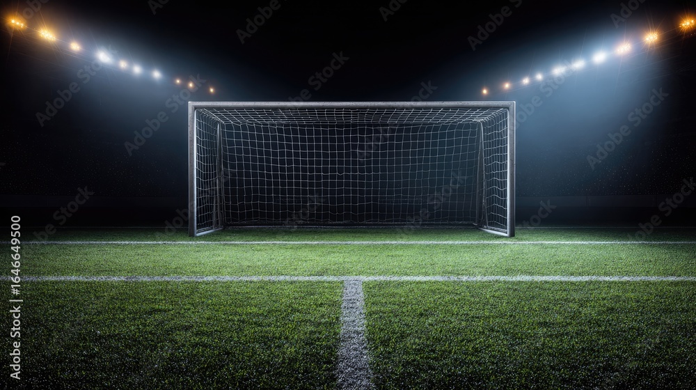 Fototapeta premium Empty soccer field goal under stadium lights
