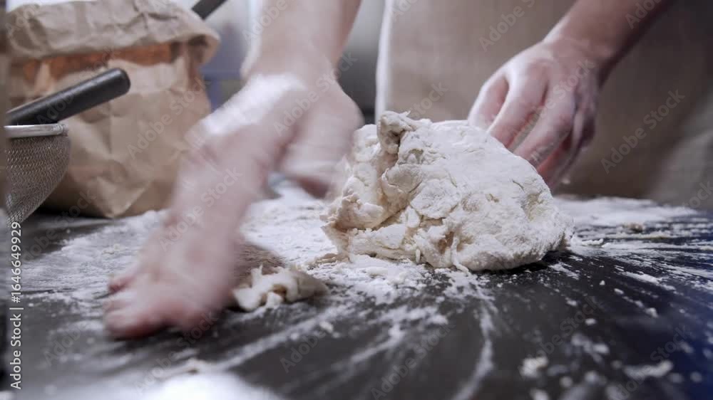 closeup kneading dough on sprinkled with flour table by Pastry chef hands made bread or pizza closeup kneading dough on sprinkled with flour table by Pastry chef hands made bread or pizza
