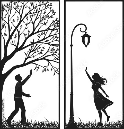 Black and White Silhouette Illustration of Two Figures Reaching Up—One Under Tree Branches, One Under Street Lamp—for Conceptual, Emotional, and Graphic Design Themes
