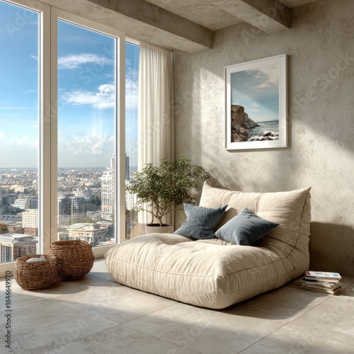 Empty vertical white rectangle frame mockup on a living room wall with sofa, curtains, and light gray floor tiles, viewed from a side angle with natural daylight