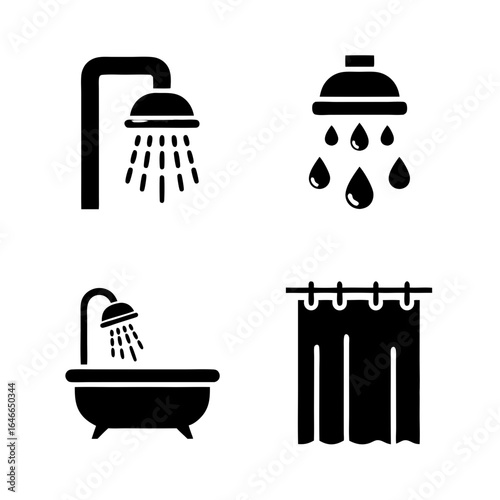 Shower and bathroom icons with shower heads, water drops, and bathtub symbols.
