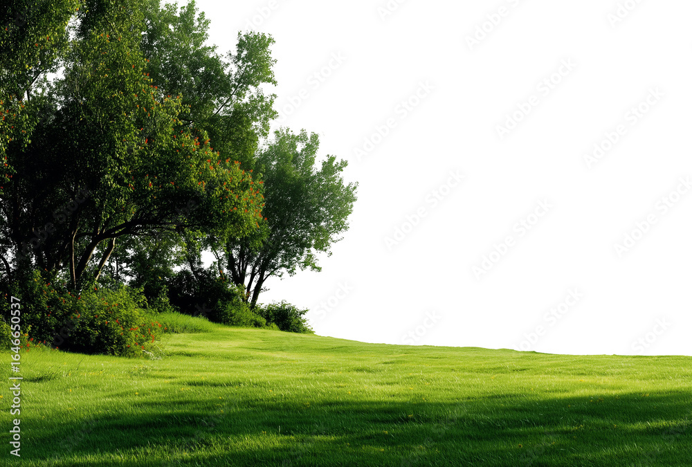 Fototapeta premium A green, grassy field with trees on the side, with a transparent background
