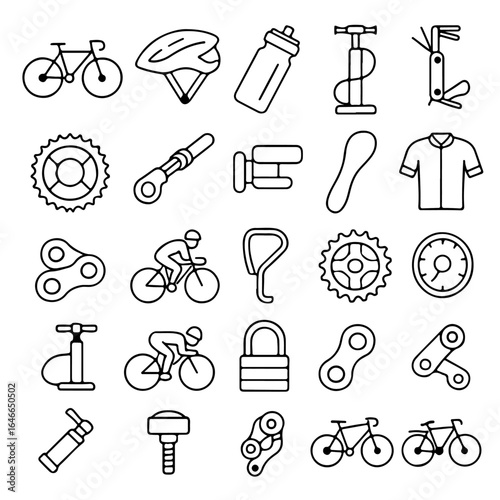An illustrated collection of essential bicycle components, each meticulously drawn to represent cycling equipment, accessories. These detailed line drawings capture the essence of the cycling.