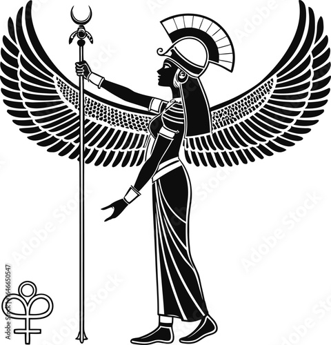 Ancient Egyptian Goddess Illustration Featuring Winged Figure with Headdress, Staff, and Ankh Symbol in Black and White for Mythology, Spiritual, and Graphic Design Concepts