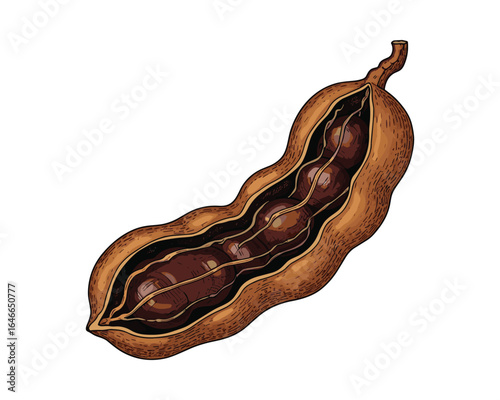Detailed illustration of an open tamarind pod showcasing the seeds and brown pulp inside. Vector illustration.