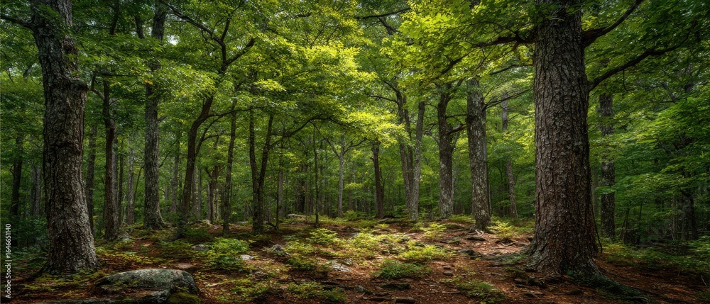 Obraz premium Lush forest canopy, dappled sunlight filters through verdant trees