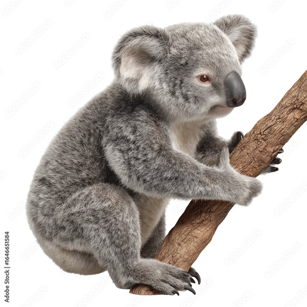 Naklejka premium a koala, full body visible, climbing on a tree branch with its sharp claws, fluffy gray fur with detailed texture, isolated on transparent background