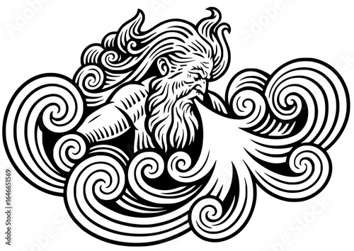 A vector graphic of Aeolus, the Greek God of Wind, blowing a powerful gust, surrounded by swirling waves and wind currents. 