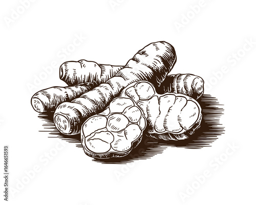 Detailed monochrome vector illustration of a pile of turmeric roots and ginger tubers, perfect for food-related designs.