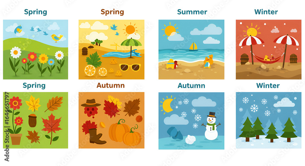 Fototapeta premium Seasonal Seasons Clipart Set – Spring, Summer, Autumn, Winter Illustration Grid