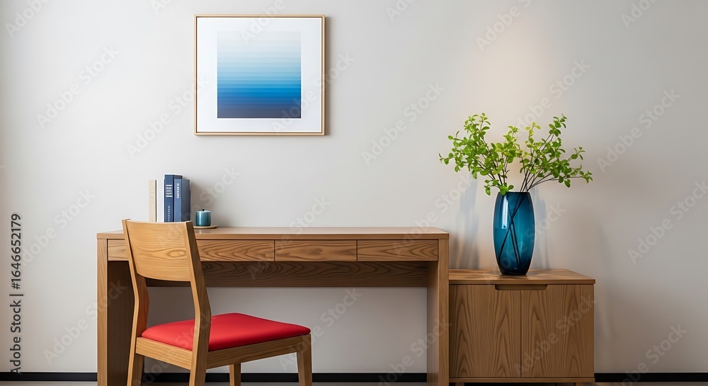 Fototapeta premium Minimalist wooden desk with red chair and blue vase