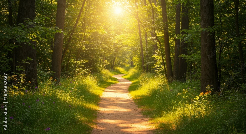 Obraz premium Sunlit Path Through Lush Green Forest