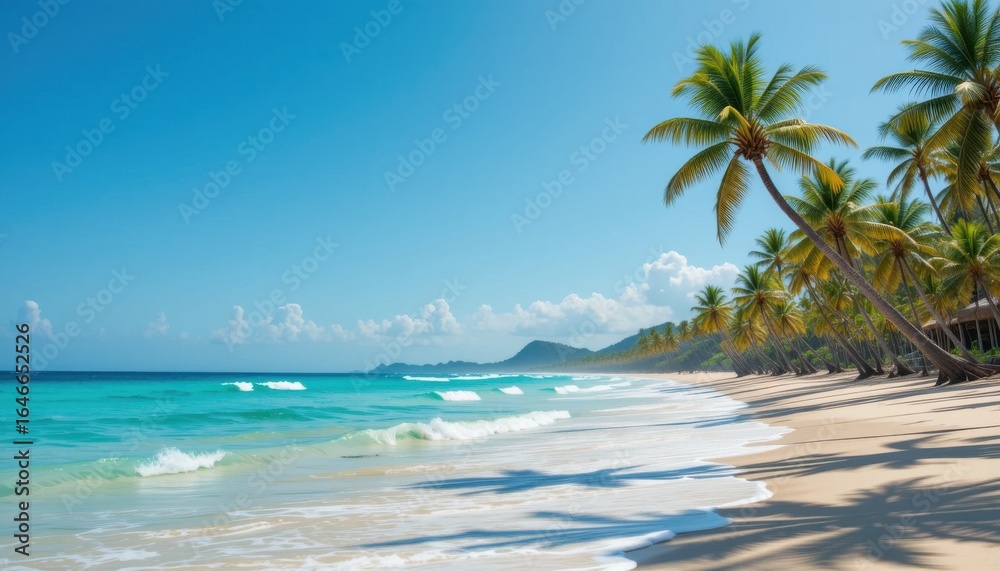 Tropical beach with palm trees bending in the wind, turquoise waves hitting the shore, sunny day Tropical beach with palm trees bending in the wind, turquoise waves hitting the shore, sunny day