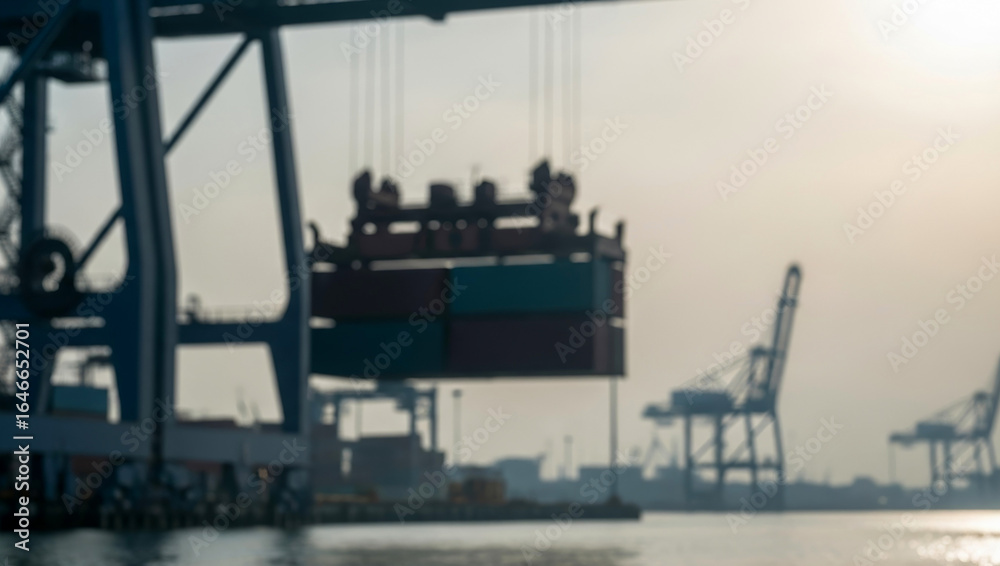 Obraz premium Shipping containers being lifted by a crane at a busy port, capturing the dynamic movement and heavy machinery used in global trade and logistics.