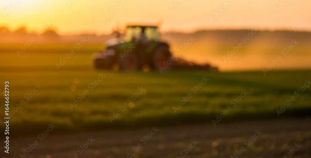 Fototapeta premium Tractor working in a wide field at sunset, with a blurred background, capturing the warm glow of evening light over a peaceful agricultural landscape.