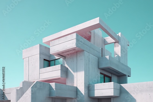 A modern concrete brutalist building with a pale teal sky, showcasing minimalist architecture and a bold, structural aesthetic.