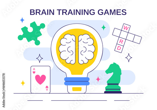 Brain Training Games Vector Illustration featuring People Having Fun with Riddles, Crosswords, Logic Game, and Puzzle Solving in a Flat Background