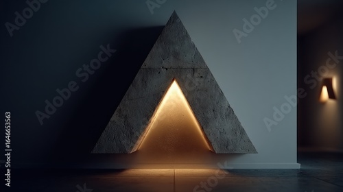 Minimalist beige triangular wall light fixture with open corner revealing warm interior glow, showcasing modern design, natural lighting