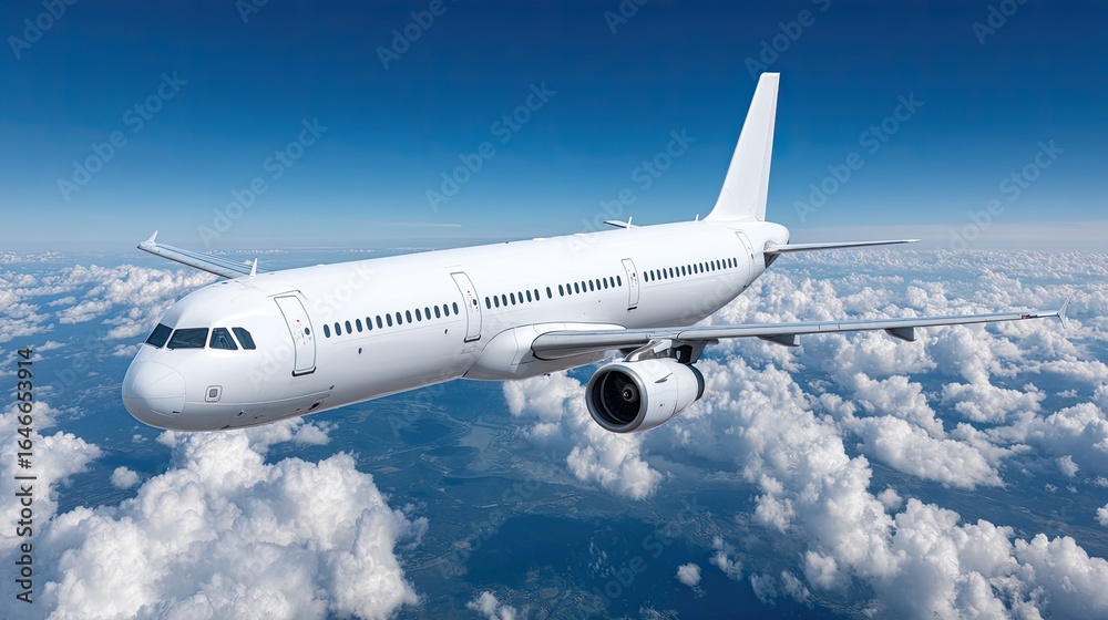 Fototapeta premium White jet plane soaring above fluffy clouds